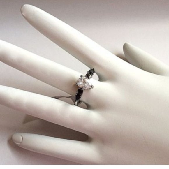 Silver Pear Cut Engagement Ring Black Onyx CZ Simulated Plated Size 8 9 10 - Picture 5 of 9